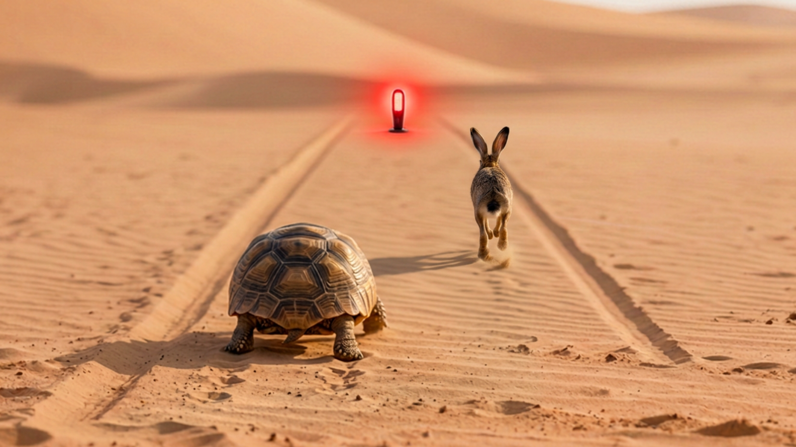 A desert scene with a tortoise in the foreground and a rabbit running toward a glowing red laser pointer mounted on a sand dune, with the animals following the light in the sand.