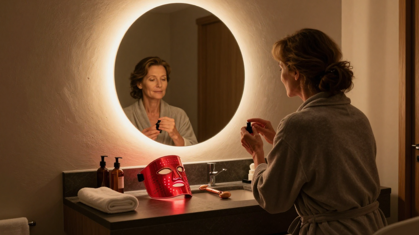 Mature woman doing an at-home skin recovery routine with red light therapy mask, facial tools, skincare bottles, and towels.
