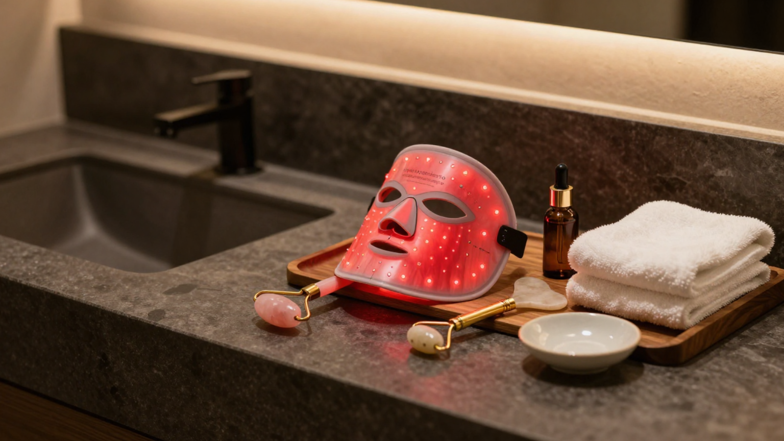 Luvoskin contact page hero with red light therapy mask, facial tools, skincare bottles, and towels for at-home skin wellness support.