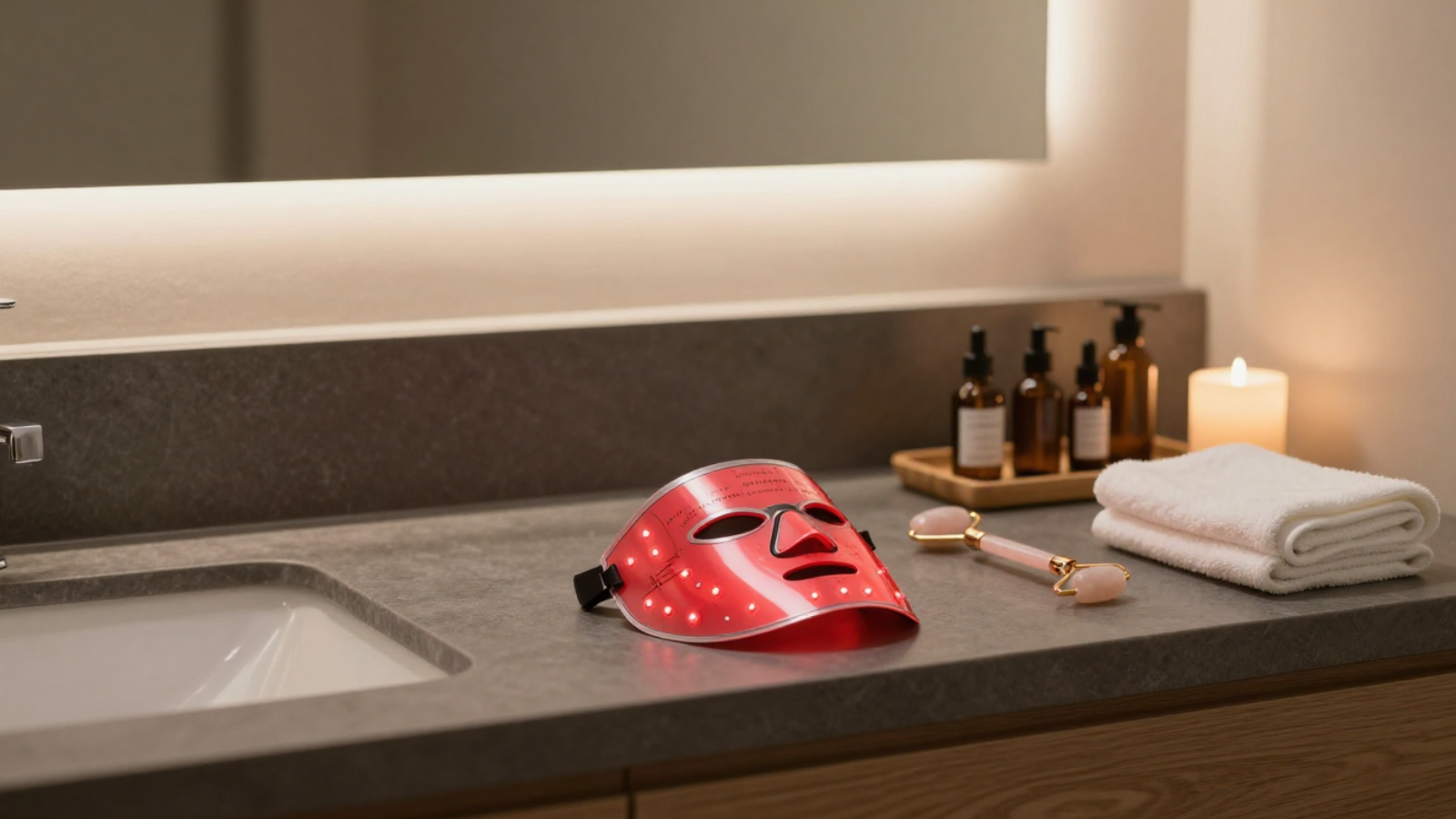 luvoskin FAQ support hero with red light therapy mask, facial tools, skincare bottles, and towel for at-home skin wellness questions.