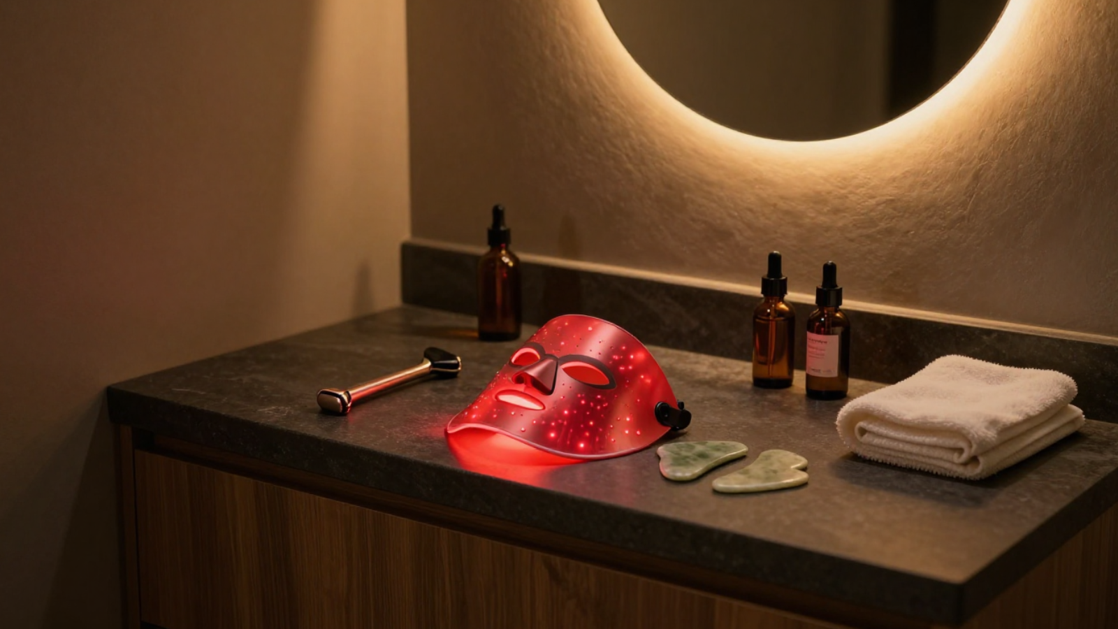 At-home red light therapy mask with facial tools, skincare bottles, and towels for Luvoskin beauty recovery rituals.