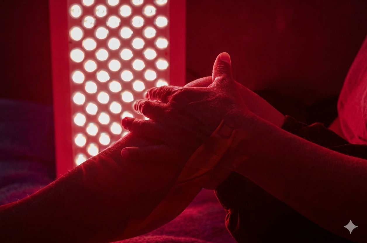 Person receiving a red light therapy treatment with a red light panel in the background.